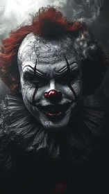 Sinister cracked clown portrait glows in smoky darkness