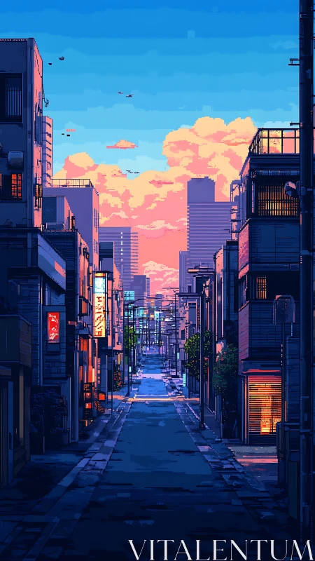 Pixel-art urban alley at dusk with neon signage and clouds