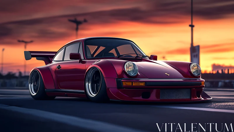 Widebody Porsche 911 turbo coupe at sunset on empty roadway