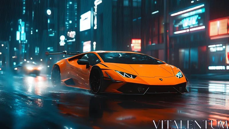 Orange sports car on wet neon city street at night.