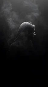 Softly lit hooded figure emerges from drifting silver smoke