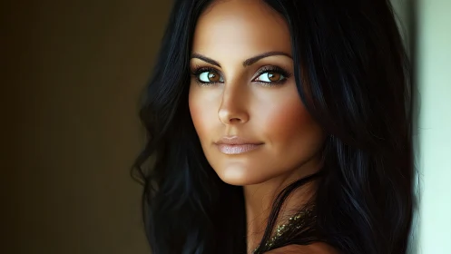Close-up digital portrait of woman with dark wavy hair.