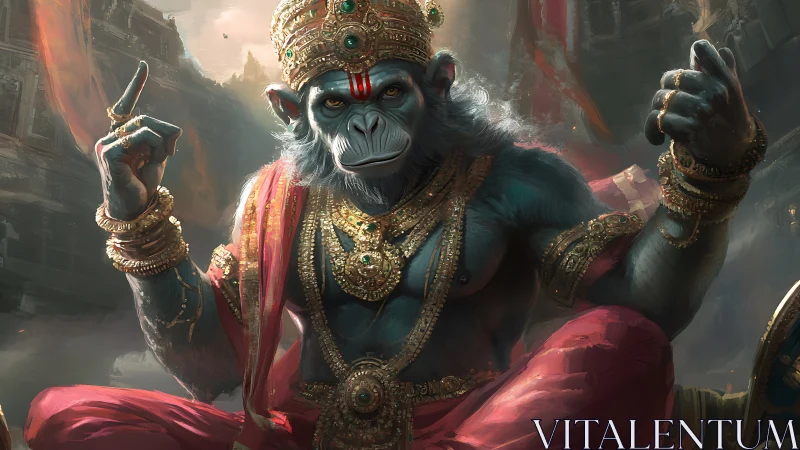 Anthropomorphic simian deity in jeweled regal armor under cinematic haze