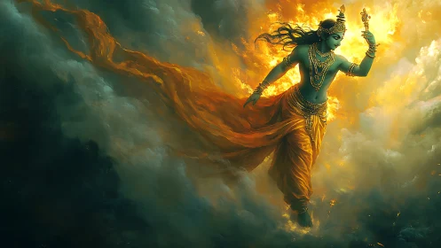 Divine celestial figure dances through blazing storm clouds.