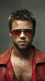 Gritty rebel in red glasses staring down the chaos.