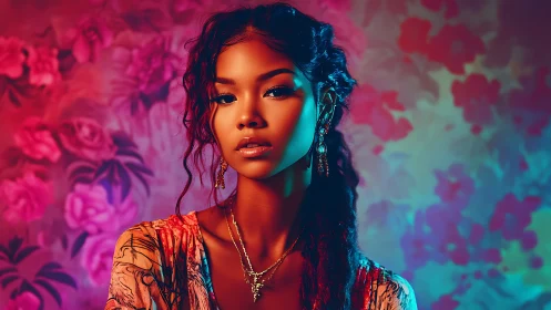 Moody digital portrait shows woman against neon floral backdrop