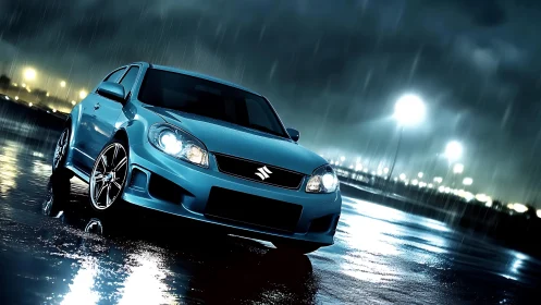 Suzuki hatchback in cinematic night rain with wet asphalt reflections