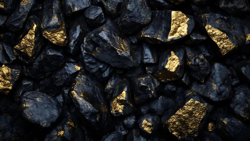 Black ore stones reveal sharp metallic gold fractures