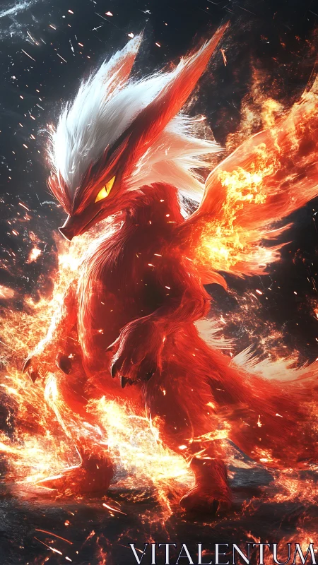 Fiery fox-like creature stands surrounded by intense flames
