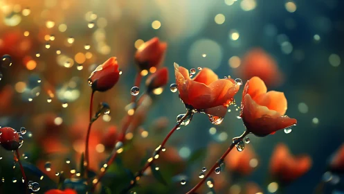 Red Flowers with Dewdrops in Golden Light.
