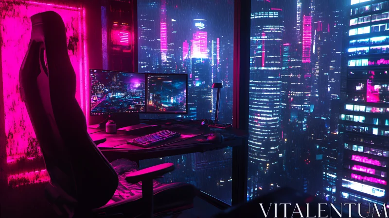 Dual-monitor cyberpunk workstation overlooks neon cityscape