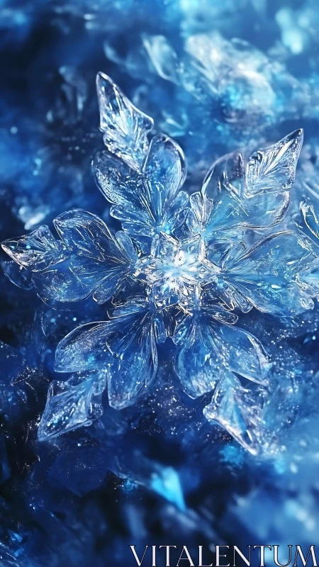 Crystal snowflake sparkles amid deep blue frozen crystals