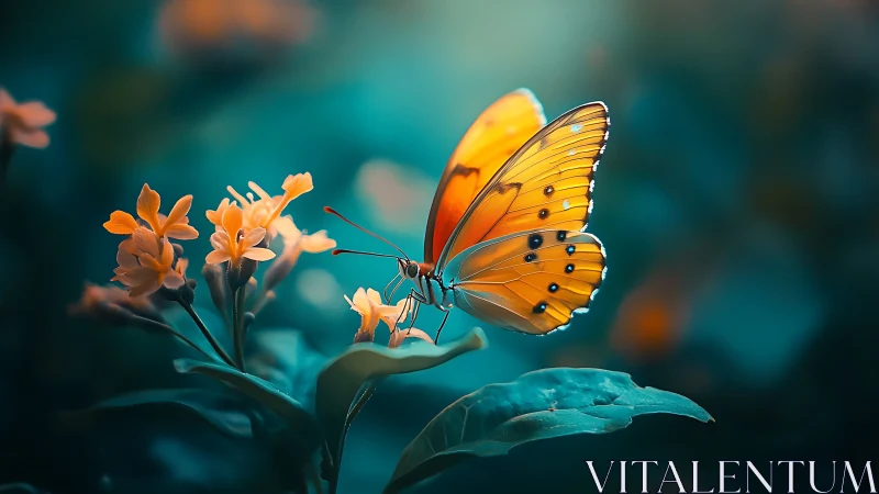 Macro digital painting of orange butterfly on teal foliage.