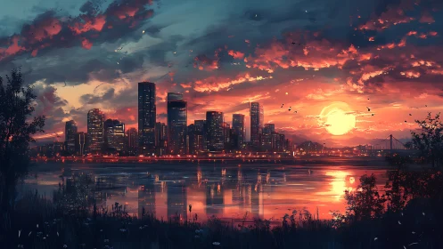 Vibrant sunset city skyline over reflective river waters.