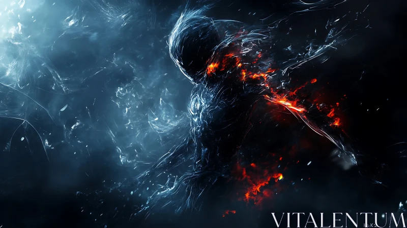 Celestial humanoid emerges from swirling fire and ice storm