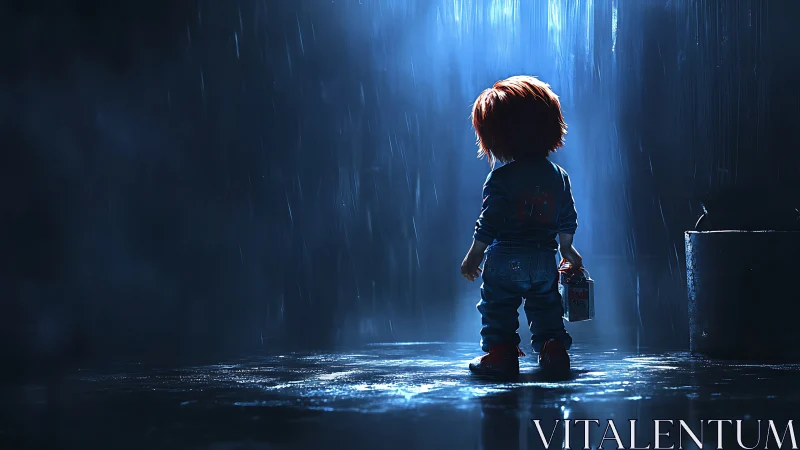 Backlit childlike figure in rainy alley with reflective puddle