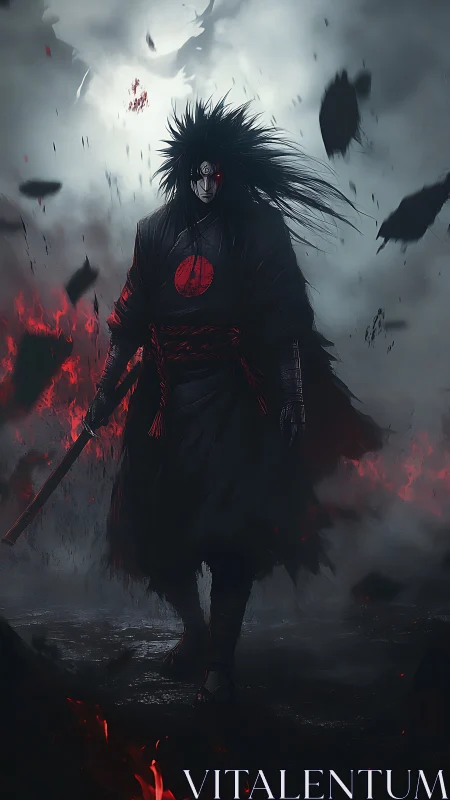 Dark warrior stands in red-lit smoke with sword drawn