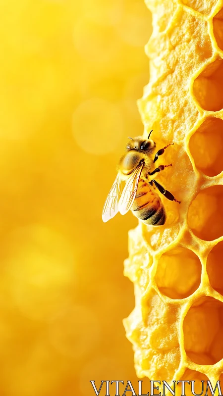 Honeybee clings to golden honeycomb in radiant sunlight glow