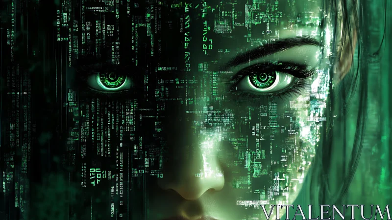 Female cyborg face merges with green digital code matrix