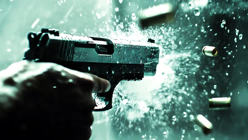 Handgun discharges bullet amid water spray in close focus