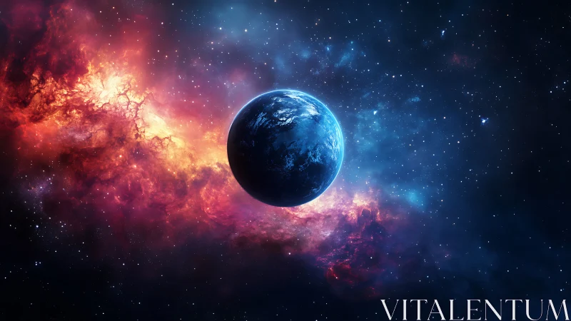 Solitary blue planet framed by vibrant cosmic nebulae.