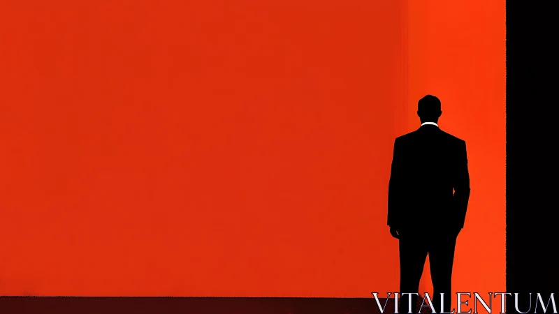 Silhouetted figure contemplating bold red horizon wall.