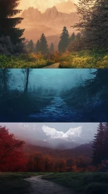 Mountain forest paths in layered seasonal landscape study.