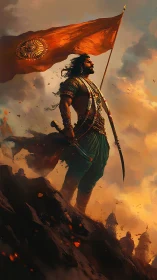 Heroic warrior silhouette beneath blazing saffron war flag.