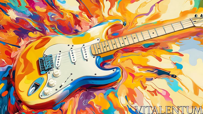 Electric guitar is depicted over fluid multicolor background
