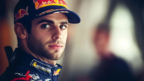 Focused racer studies the horizon beyond blurred paddock hum