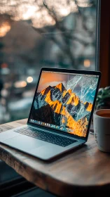 Open laptop glows warmly on rustic café table at dusk