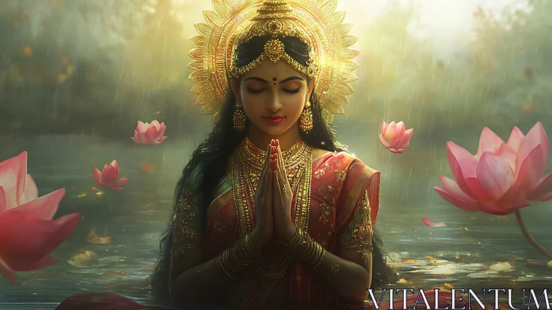 Golden dawn crowns a serene lotus prayer in gentle rain