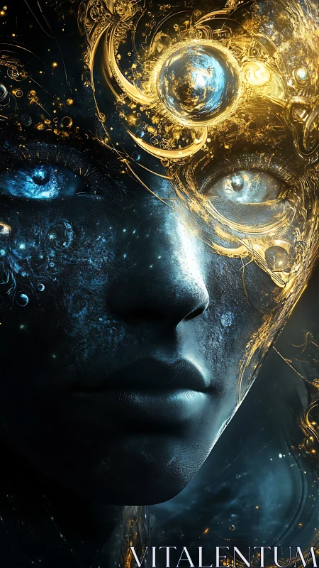 Cosmic cybernetic visage crowned with swirling starlight.