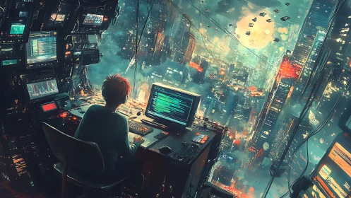 Solitary hacker controls neon cyber city from high-rise lab