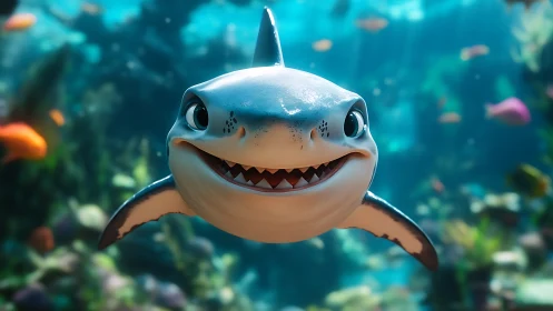 Smiling cartoon shark swimming in bright coral reef scene.