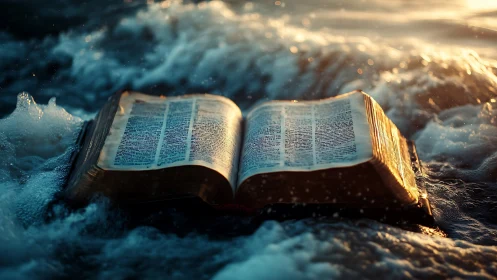Sacred pages drift against a storm of luminous seawater.