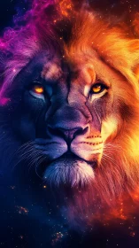 Cosmic ember-maned lion staring through nebula fire.