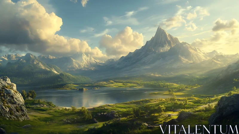 Sunlit alpine peak above serene reflective valley lake.