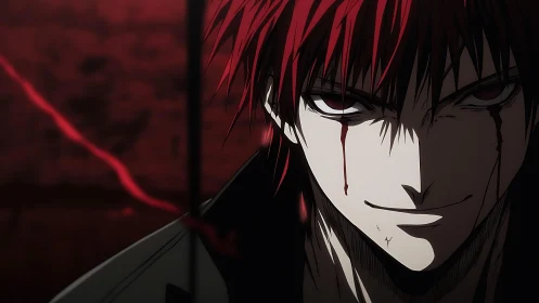 Sinister red-haired antihero smiles in a shadowy crimson night