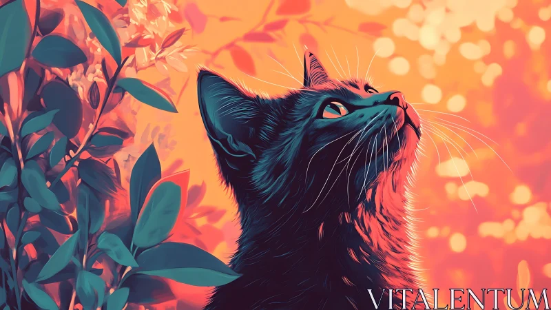 Feline Profile Against Warm Luminous Gradient with Botanical Elements