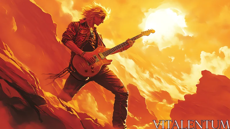Rock guitarist on sunlit canyon ridge in vivid orange scene.