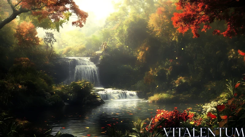 Autumn forest waterfall over tranquil reflective pool at dawn.