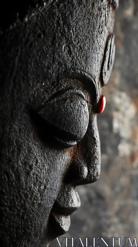 Serene stone face in gentle light with a quiet red accent.