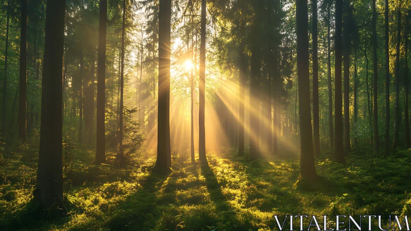 Sunlight streaming through dense green forest at sunrise, tranquil mood.