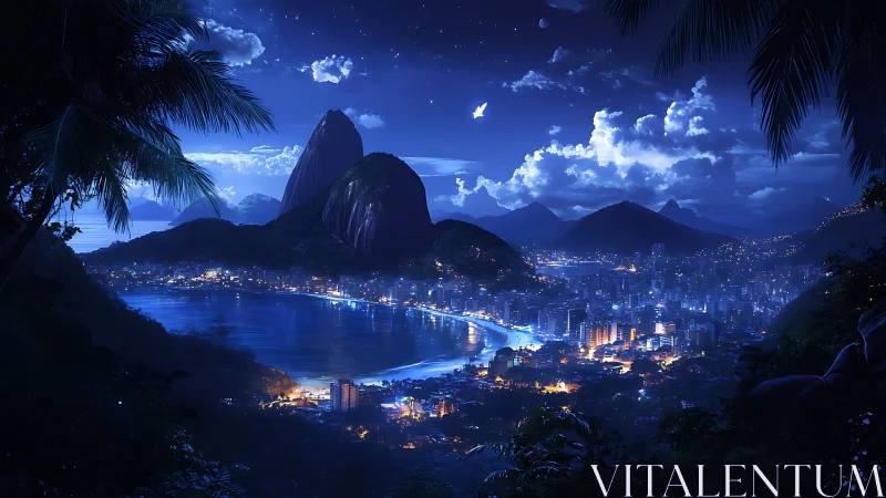 Tropical bay city glows under deep blue moonlit sky.