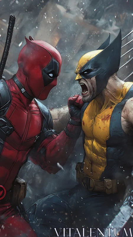 Dynamic duel between two masked combatants in digital painting