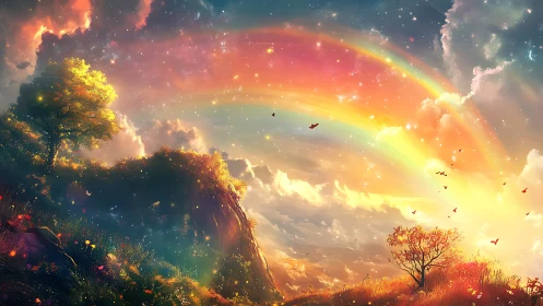 Radiant double rainbow spans luminous fantasy valley sky