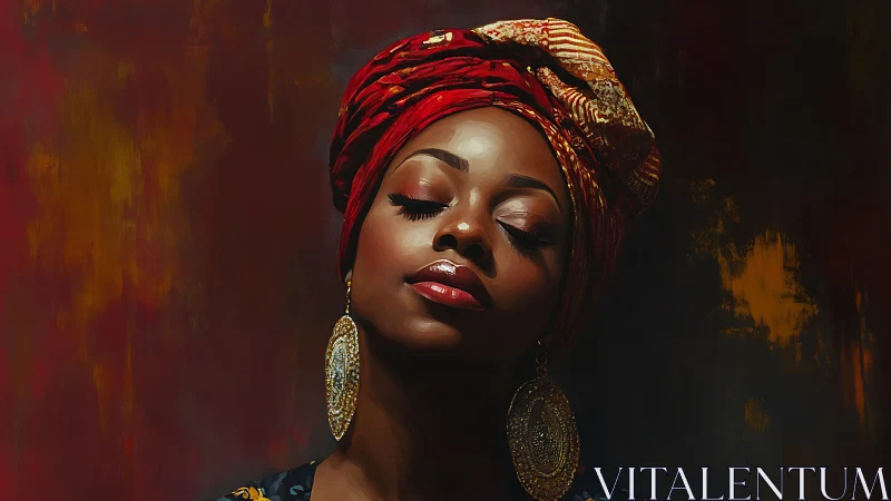 Quiet glow of confidence in vibrant headwrap portrait.