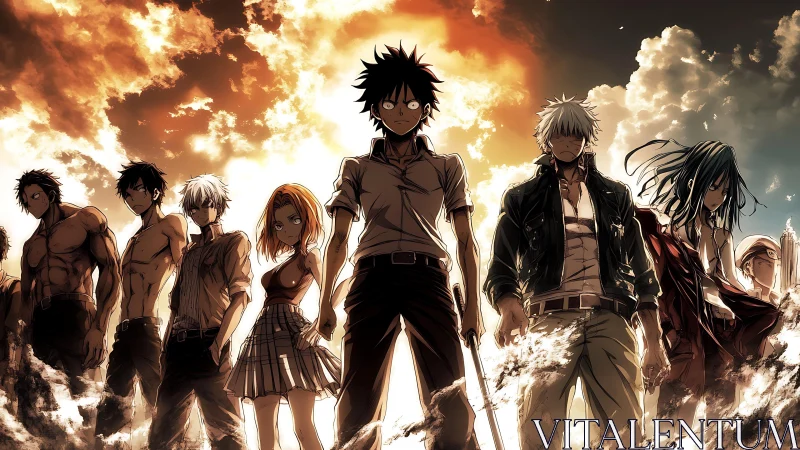 Battle-ready anime squad framed by blazing storm clouds.