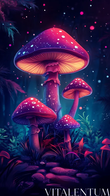 Neon forest mushrooms holding quiet midnight council together.
